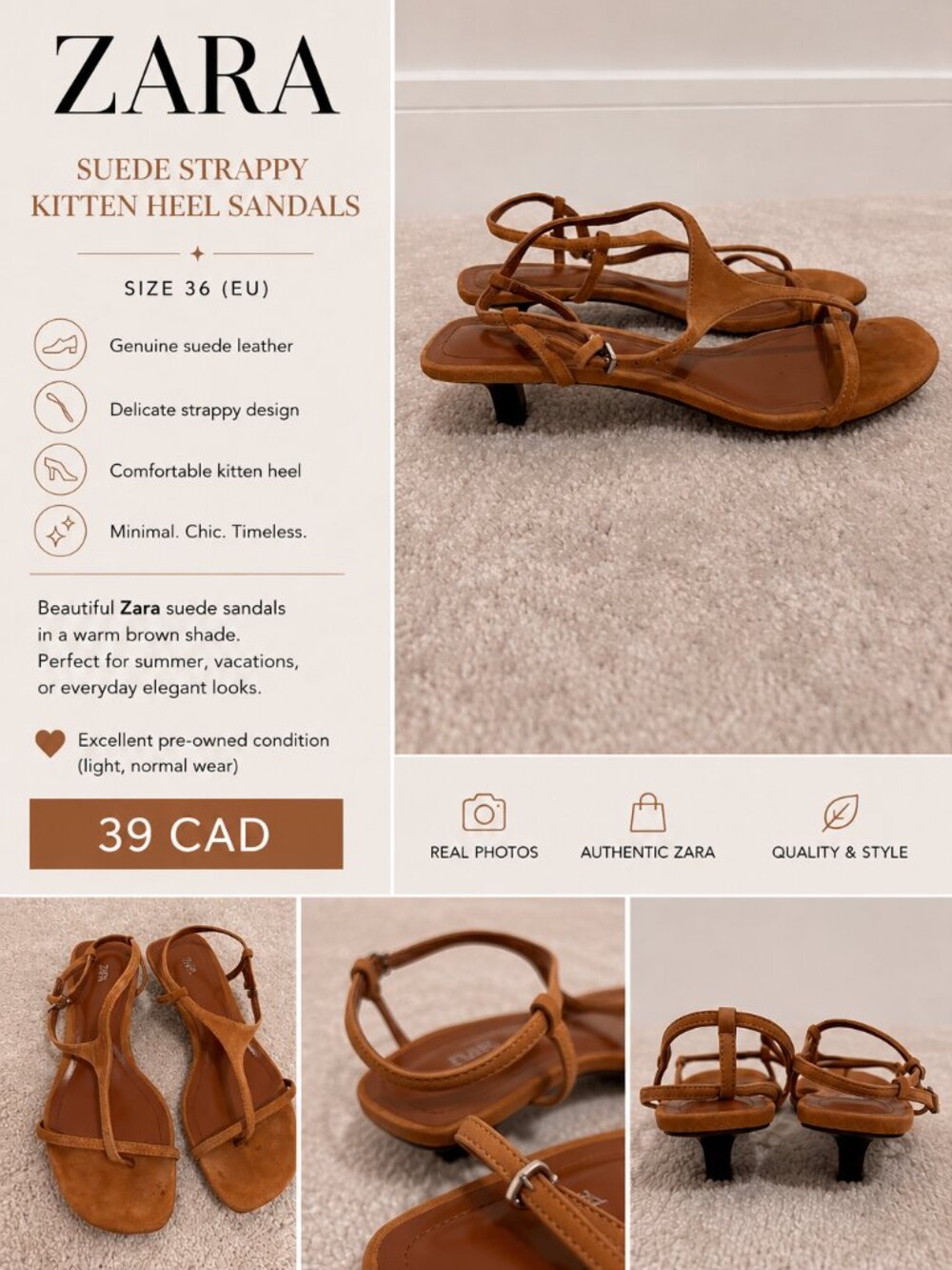 ZARA Suede Strappy Sandals – EU 36 🤎